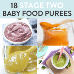 Graphic for post – 18 stage two baby food purées, a grid of four colorful combination purées for baby.