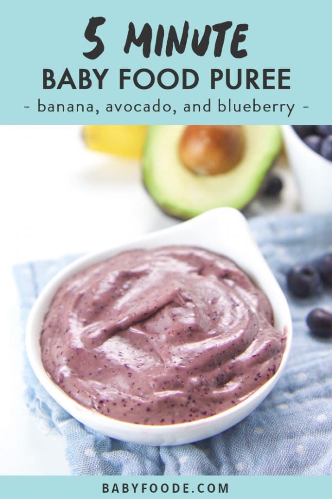 A bowl of fast and easy baby food puree with banana, blueberry, and avocado.