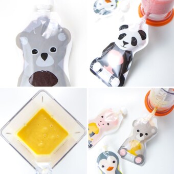 A collage of healthy no cook toddler squeeze pouch recipes.