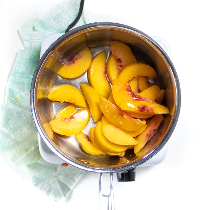 Small silver saucepan full of frozen peaches for baby food.