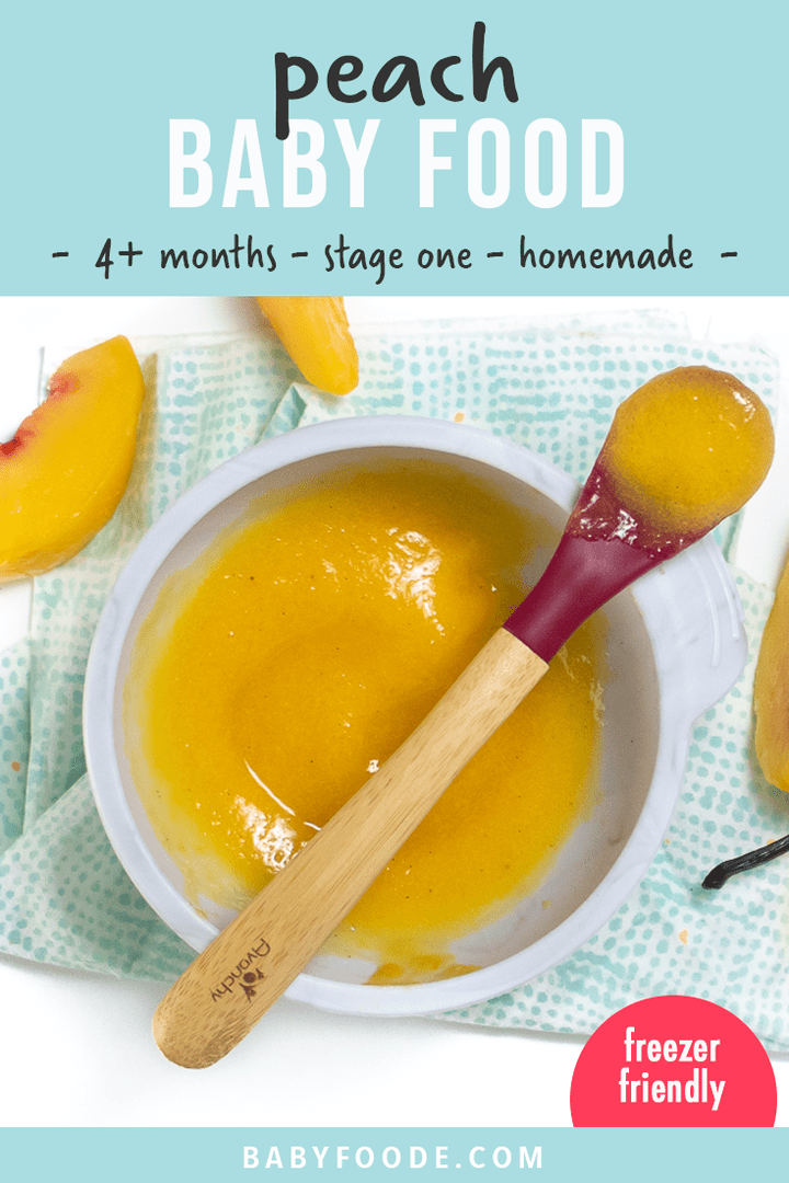 This Peach Baby Food Puree recipe is so delicious that you will want to share it with baby! Smooth and creamy, this homemade baby puree delivers big on taste with naturally sweetened peaches and flecks of vanilla bean. Great baby food for 4 months and up – stage 1 baby food. 
