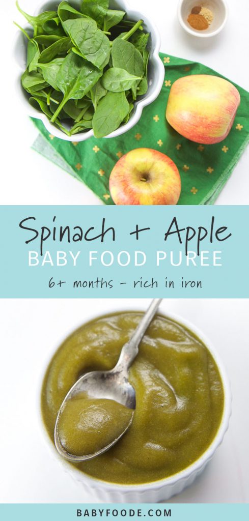 A small white bowl filled with homemade spinach apple baby food puree and whole spinach and apples on a cutting board.