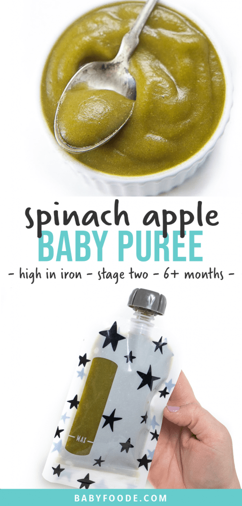 Graphic for Post - spinach apple baby puree - high in iron - stage two - 6+ months. Images are of a small white bowl full of puree for baby and a hand holding a reusable pouch with a green healthy puree inside.