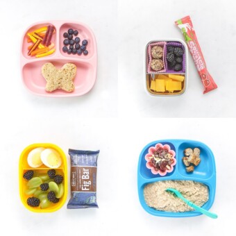 A collage of healthy toddler meal ideas for breakfast, lunch, dinners, and snacks.