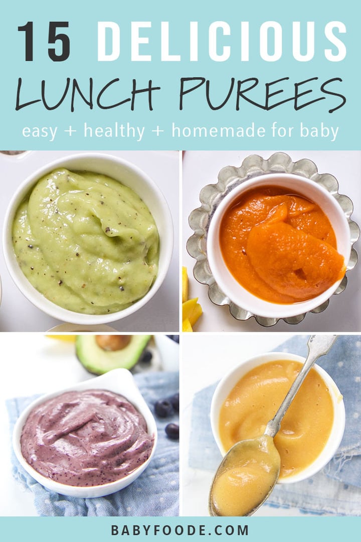Un collage de recettes de purée pour bébé à servir à votre bébé pour le déjeuner.