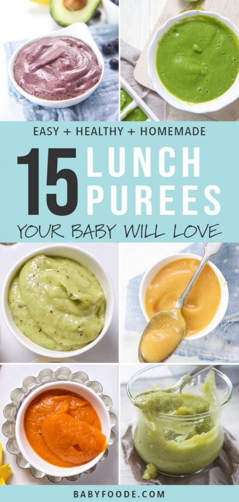 Un collage de recettes de purées pour bébé à servir à votre bébé pour le déjeuner.