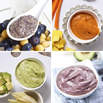 A collage of baby food puree recipes to serve your baby for lunch.