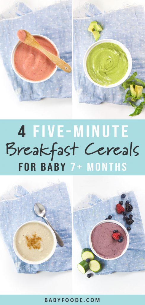 A collage of fruit and vegetable breakfast cereals for baby.