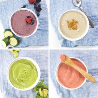 A collage of fruit and vegetable breakfast cereals for baby.