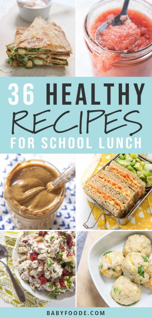 A collage of healthy recipes for packing school lunch boxes.