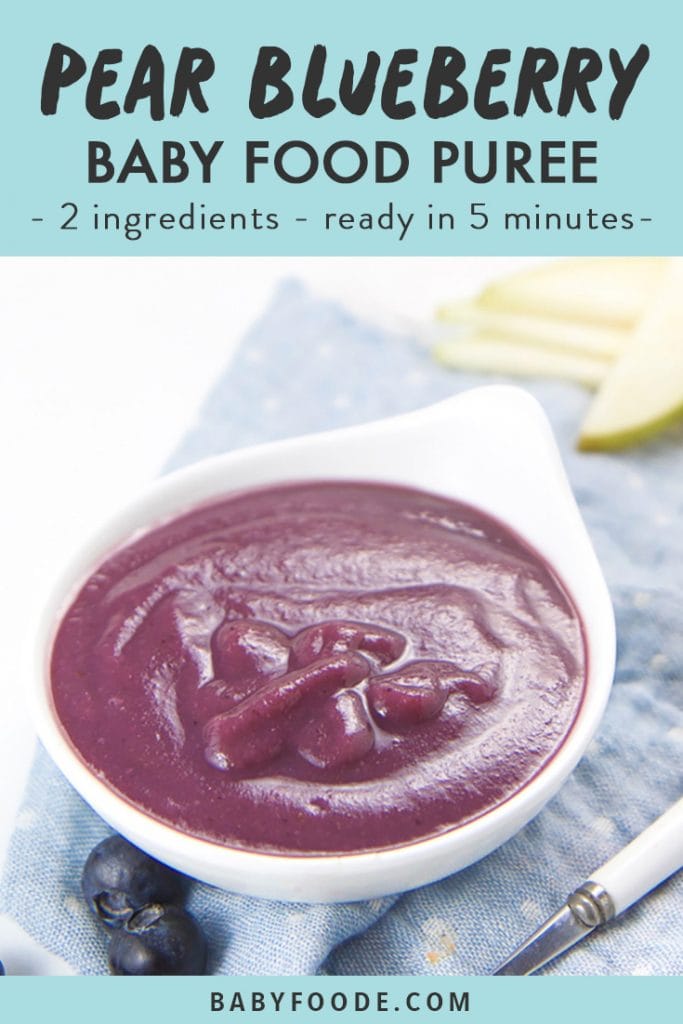 Pear and blueberry baby food puree in a small white bowl.