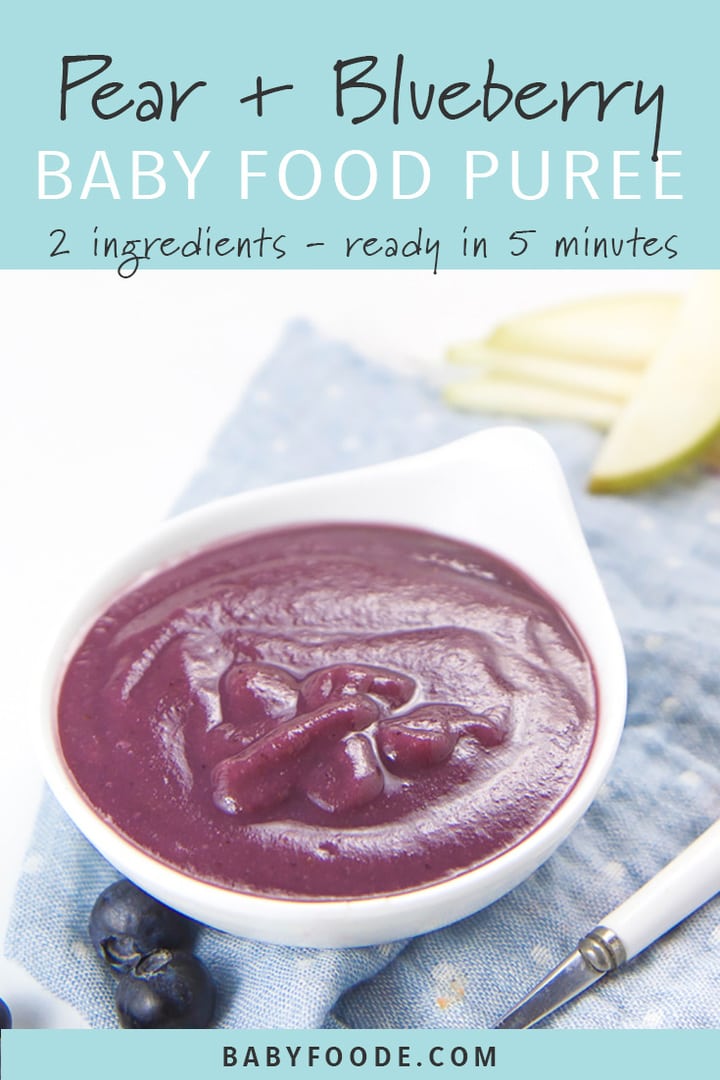 Pear and blueberry baby food puree in a small white bowl. 
