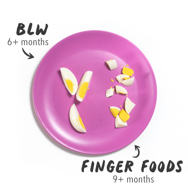 Pink plate showing how to chop an eye for both blw and finger food stage for baby.