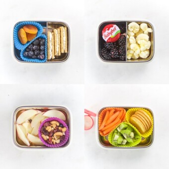 4 snack boxes on a white background with silver bentos on top. each box has a selection of healthy kid snacks inside.
