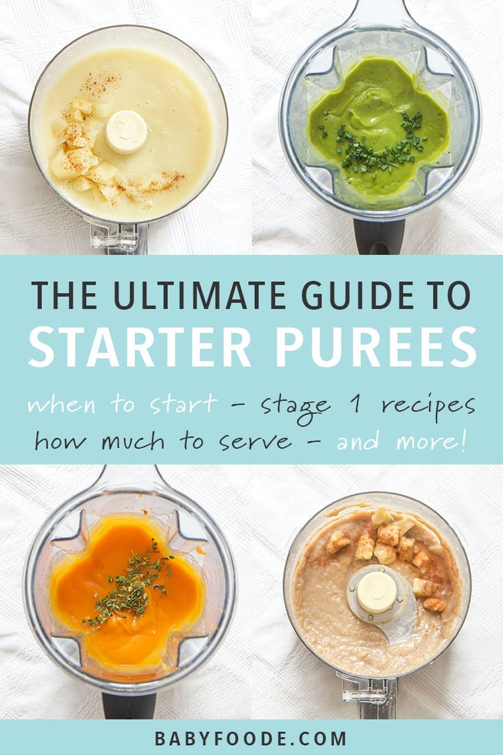 graphic image for pinterest - 8 of the purees in a grid with text in the middle - The ultimate guide to starter puree - when to start - stage 1 recipes - how much to serve - and more!