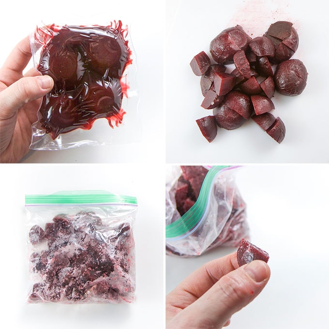 A collage of images showing how to freeze beets to use in a pink smoothie.