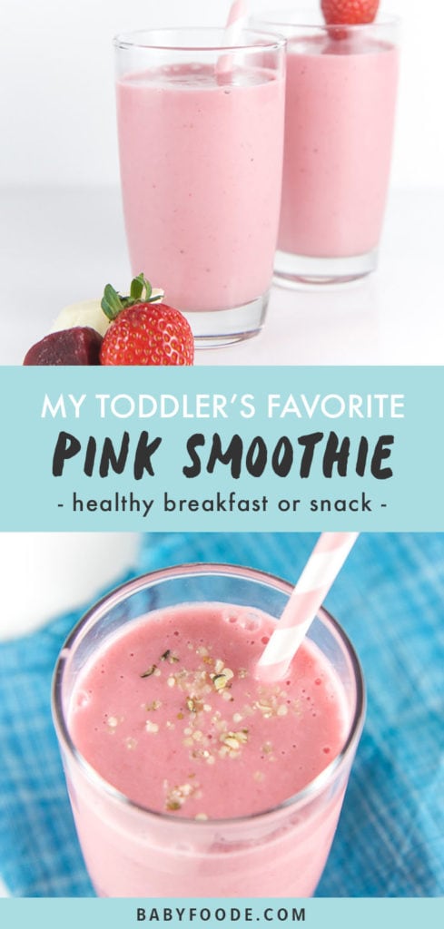 Pinterest collage for a healthy kid friendly pink smoothie recipe.