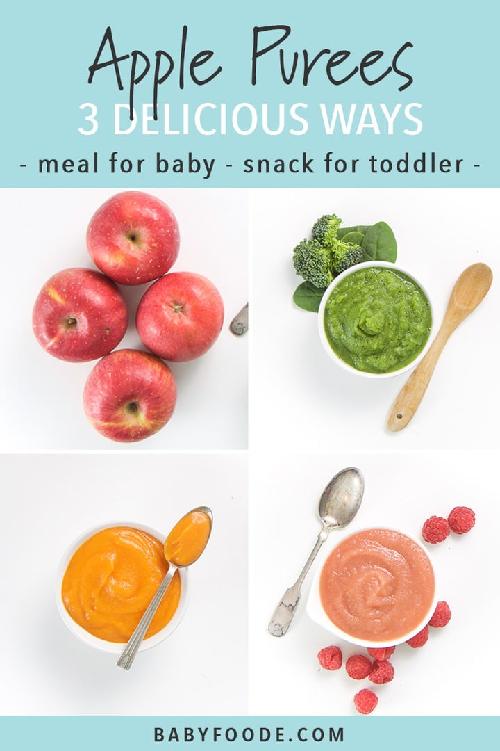 A collage of apple purees for baby and toddler prepared three different ways.