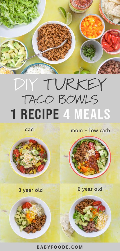 A collage of various combinations of Turkey Taco dinner bowls for adults, kids, and toddlers.