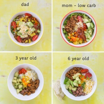 A collage of various combinations of Turkey Taco dinner bowls for adults, kids, and toddlers.