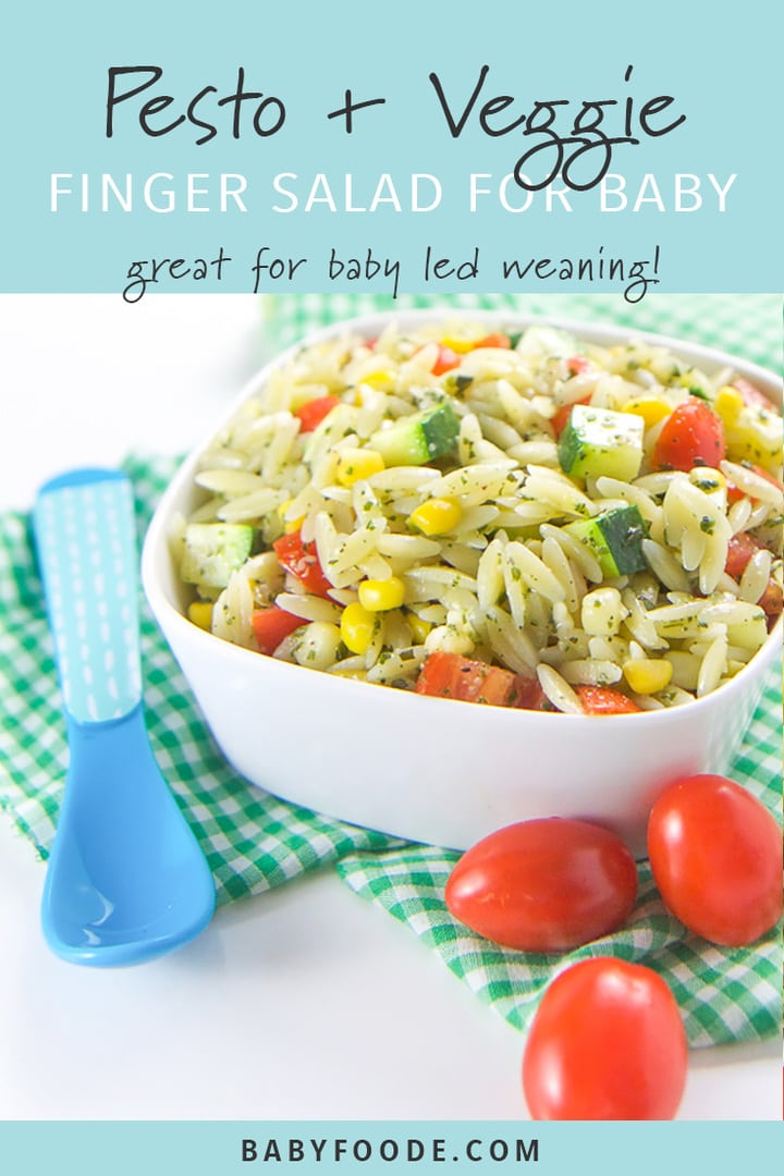 A bowl of baby led weaning orzo pesto pasta with vegetables. 