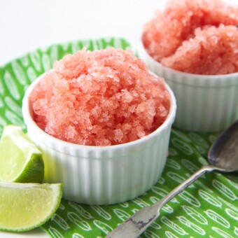 Two small bowls of easy sugar free watermelon slush for kids and toddlers.