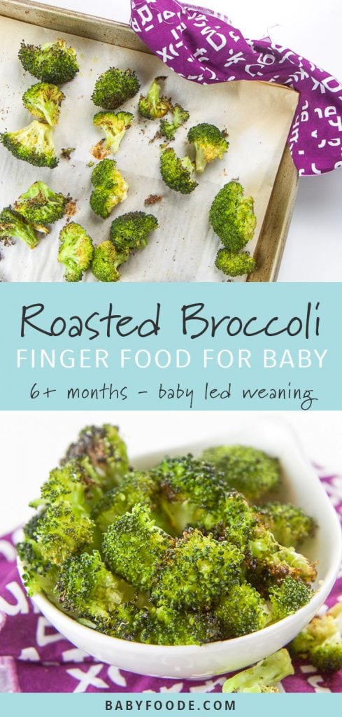 Baby led weaning friendly roasted broccoli finger food on a baking sheet and in a white bowl.