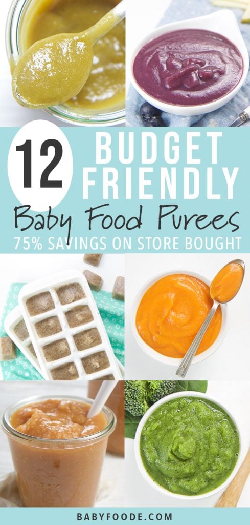 A collage of budget friendly and frugal homemade baby food purees.