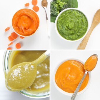 A collage of budget friendly and frugal homemade baby food purees.