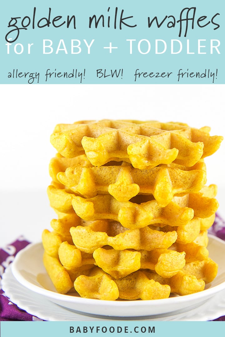 A large stack of kid friendly golden milk waffles on a white plate.