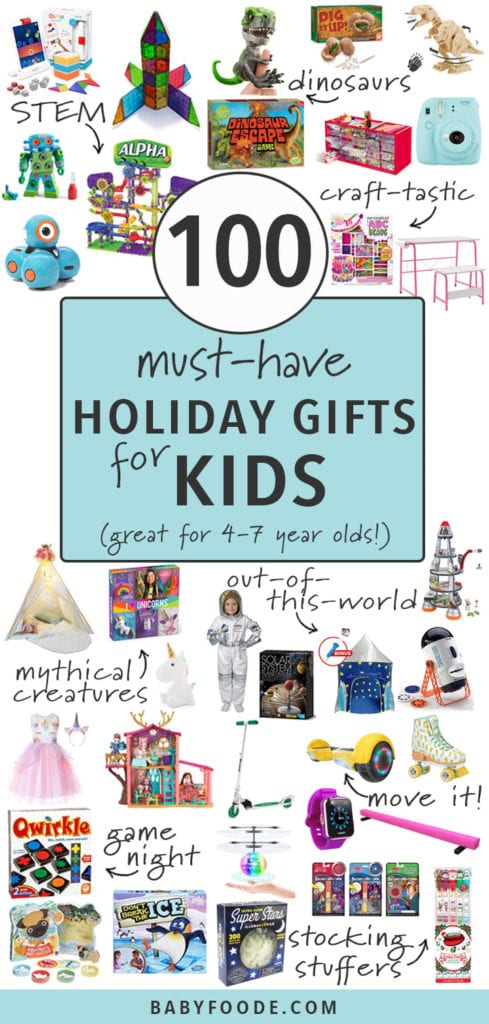 100 must have Christmas gifts for kids with spread of toys on white background.