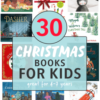 30 Christmas books for kids with images of book covers all lined up.