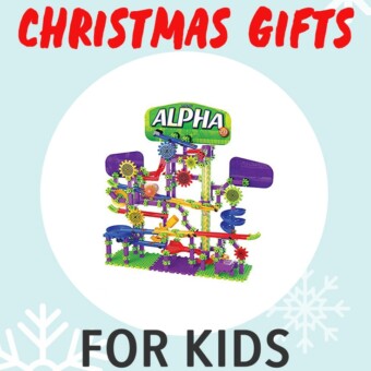 Christmas gifts for kids - with a toy in the middle of a white circle. Great for kids ages 4-7.
