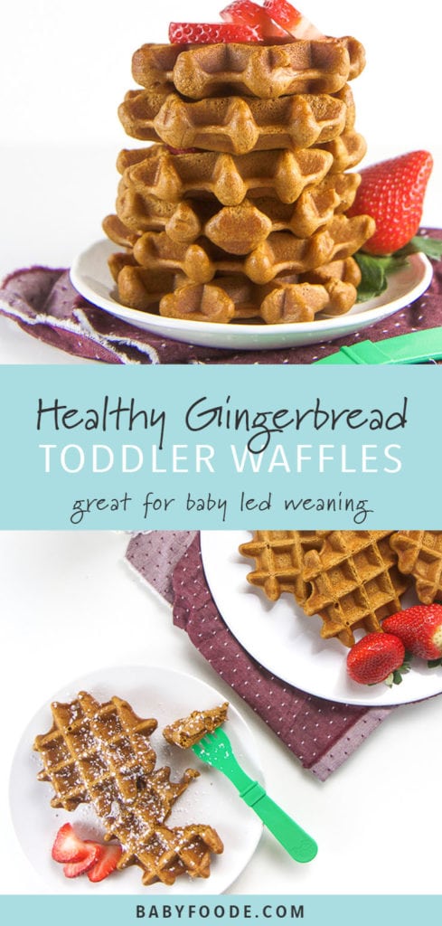 Pinterest collage for healthy gingerbread waffles recipe.