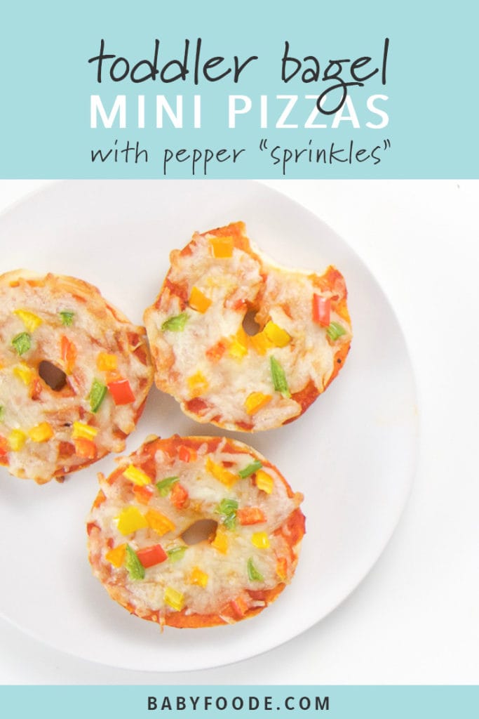 Pinterest image for kid friendly bagel pizzas.