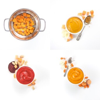 A collage of images showing various ways to make sweet potato puree for babies and toddlers.