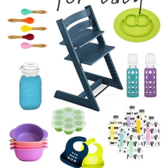 graphic showing products for feeding baby - highchair, pouches, sippy cups, bowls