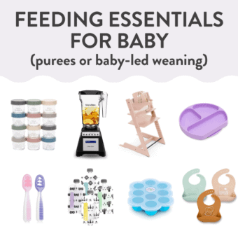 Graphic for post – feeding essentials for baby, purées or baby led weaning. Images are in a grid against a white background of products you need to make baby food.
