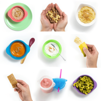 A grid of photos showing the different ways for baby to be introduced to nuts.