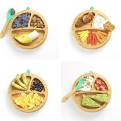 4 wooden baby plates with breakfasts for baby for baby-led weaning or as a finger food. The plate is on my white kitchen counter.