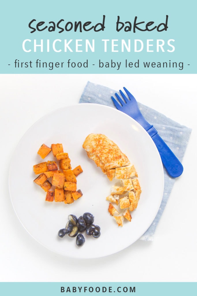 Pinterest image for baby led weaning recipe for baked chicken tenders.