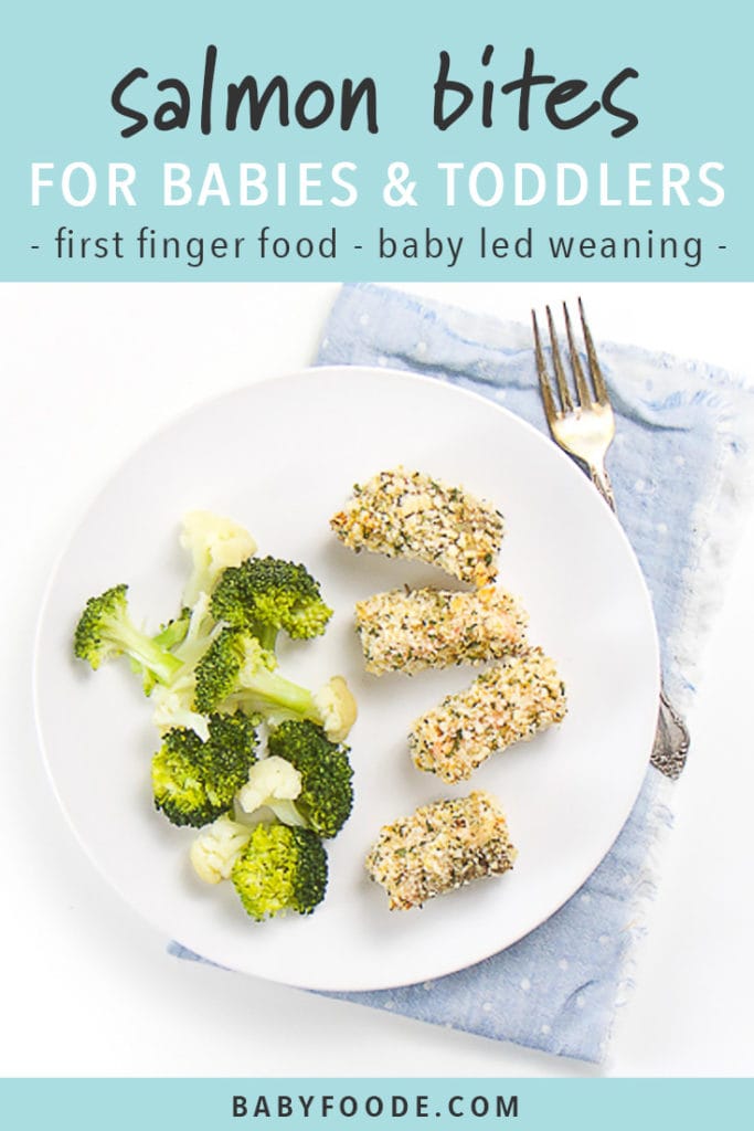 Pinterest image for baby led weaning recipe for crispy salmon bites.