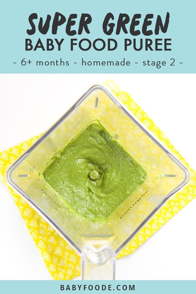 graphic image - text on top, super green baby food puree - 6+ months, homemade, stage 2, image of a blender with green puree inside on top of a yellow napkin