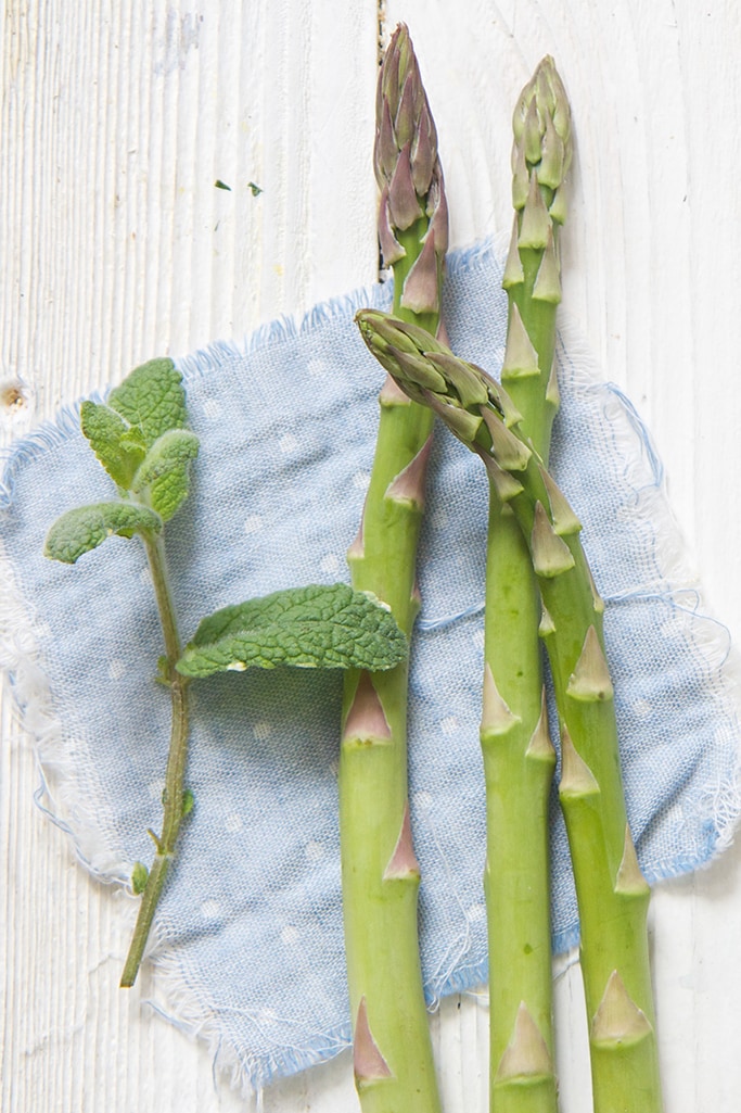 3 spears of asparagus and a mint leave on top of a blue napkin. white board background. 