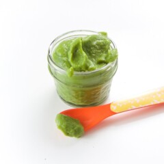 close up of a small glass jar of green organic baby food recipe with an orange spoon filled with puree sitting next to it on a white background.