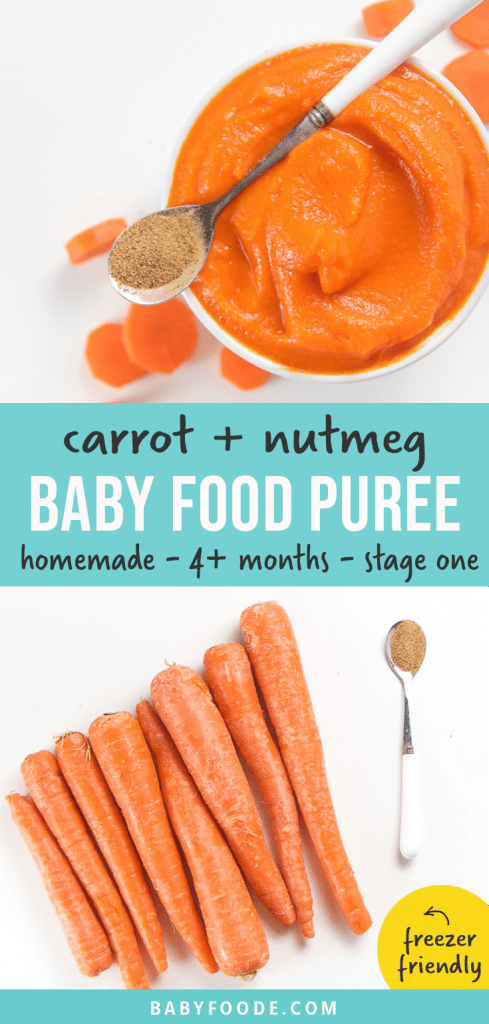 Graphic for post - carrot + nutmeg baby food puree - homemade - stage one - 4+ months - freezer friendly. Image is of a bowl filled with a creamy carrot puree for baby and a spread of carrots ready to be cooked.
