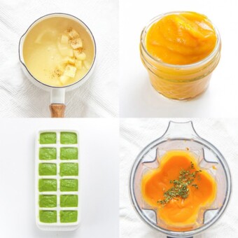 A grid of 4 baby food puree recipes on a white background.