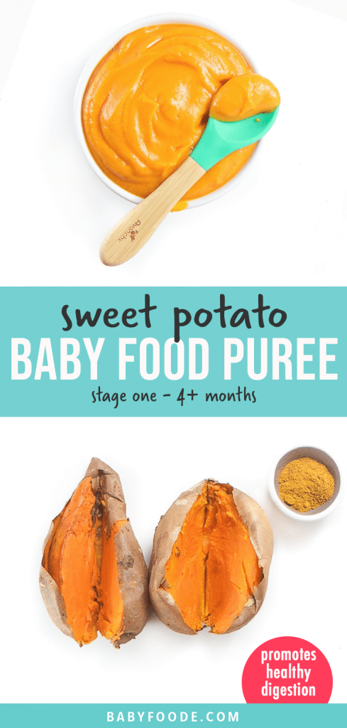 Graphic for Post - sweet potato baby food puree - with a small white bowl filled with puree for baby as well as an image of a spread of sweet potatoes and spices for the best first puree for baby.