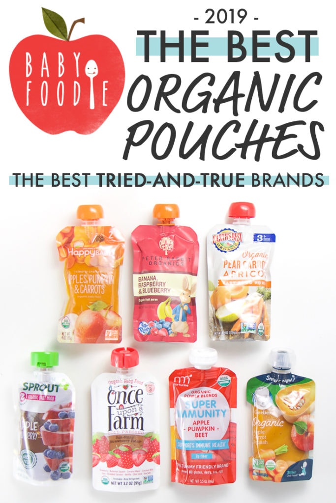 graphic for post - our favorite organic pouches - the best tried-and-true brands. Photo is of picture if of all the brands lined up. 