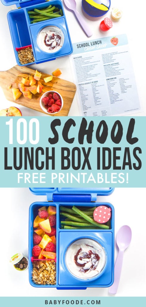 A graphic for the post 100 school lunch ideas for kids with 2 spreads of a free printable with a bento box in the middle of packing and another photo of the finished bento box.